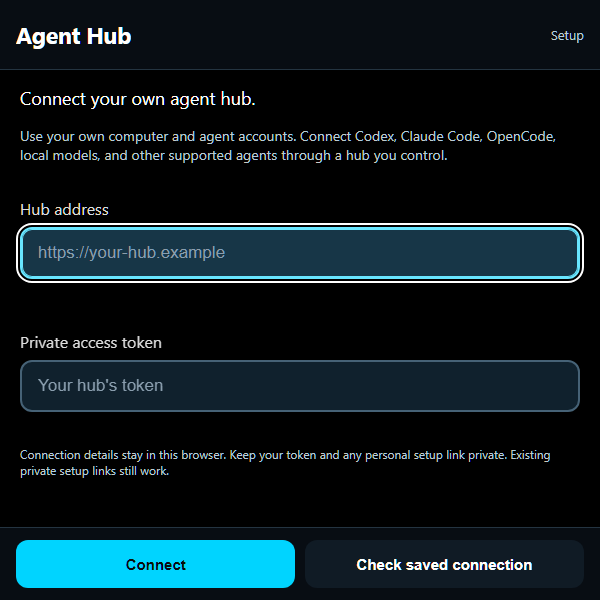 Agent Hub empty setup for connecting your own computer and agents