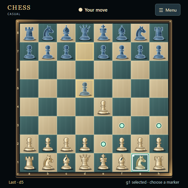 Chess board after the opening moves, with a white knight selected and legal destinations marked.