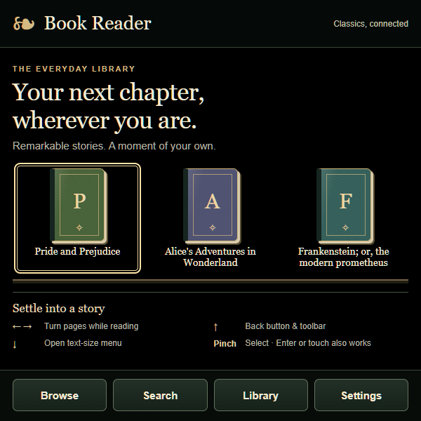 Display Books library with classic novels and browsing controls