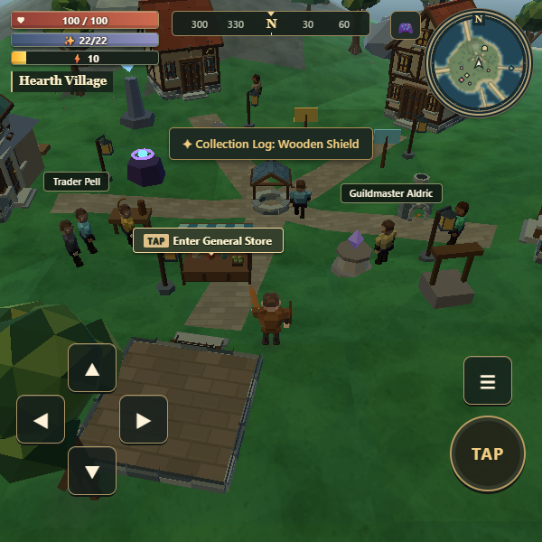 GlassRealm character exploring Hearth Village with a detailed terrain minimap