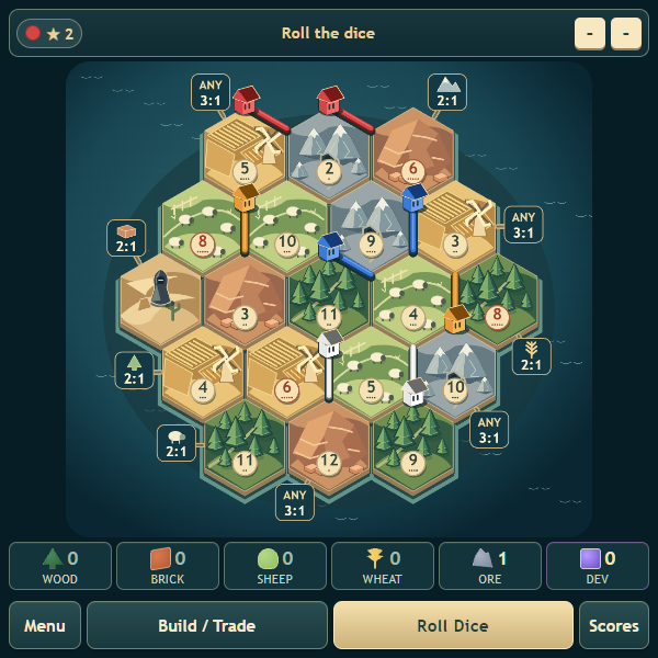 Hexland island board after initial settlements and roads, ready for your first dice roll.