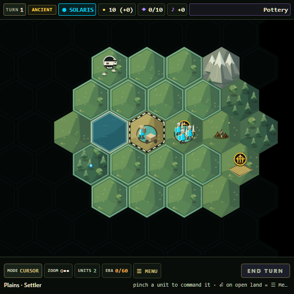 Glass Empire hex world with a new civilization, a settler and unexplored terrain