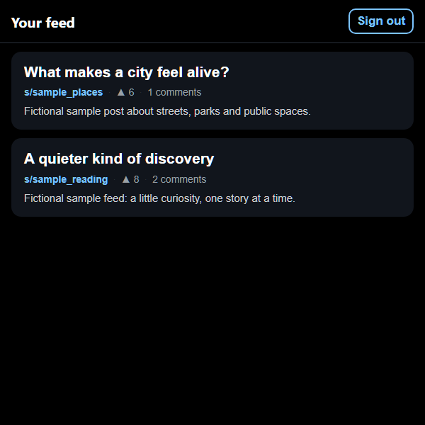 Subverse feed with clearly labeled fictional sample posts