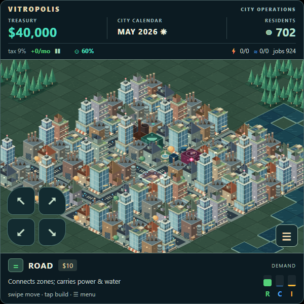 An isometric Vitropolis city with roads, districts, parks and civic buildings